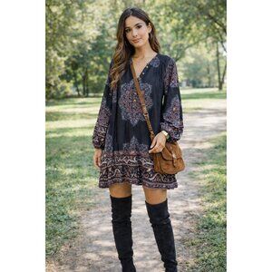 Free People XS Black & Purple Boho Mini Tunic Dress Long Poof Sleeve Rayon